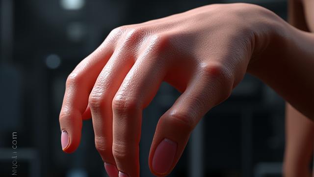 अपनी उंगलियों को हिलाते हुए एक विस्तृत 3डी चरित्र का क्लोज-अप