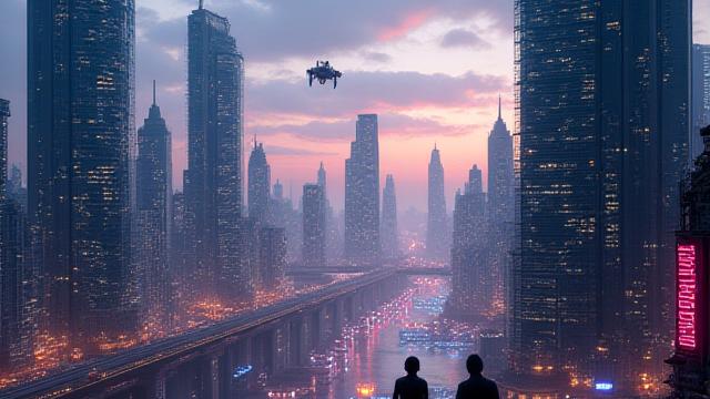 उड़ान भरने वाली कारों और लेजर रोशनी के साथ भविष्य का शहर
